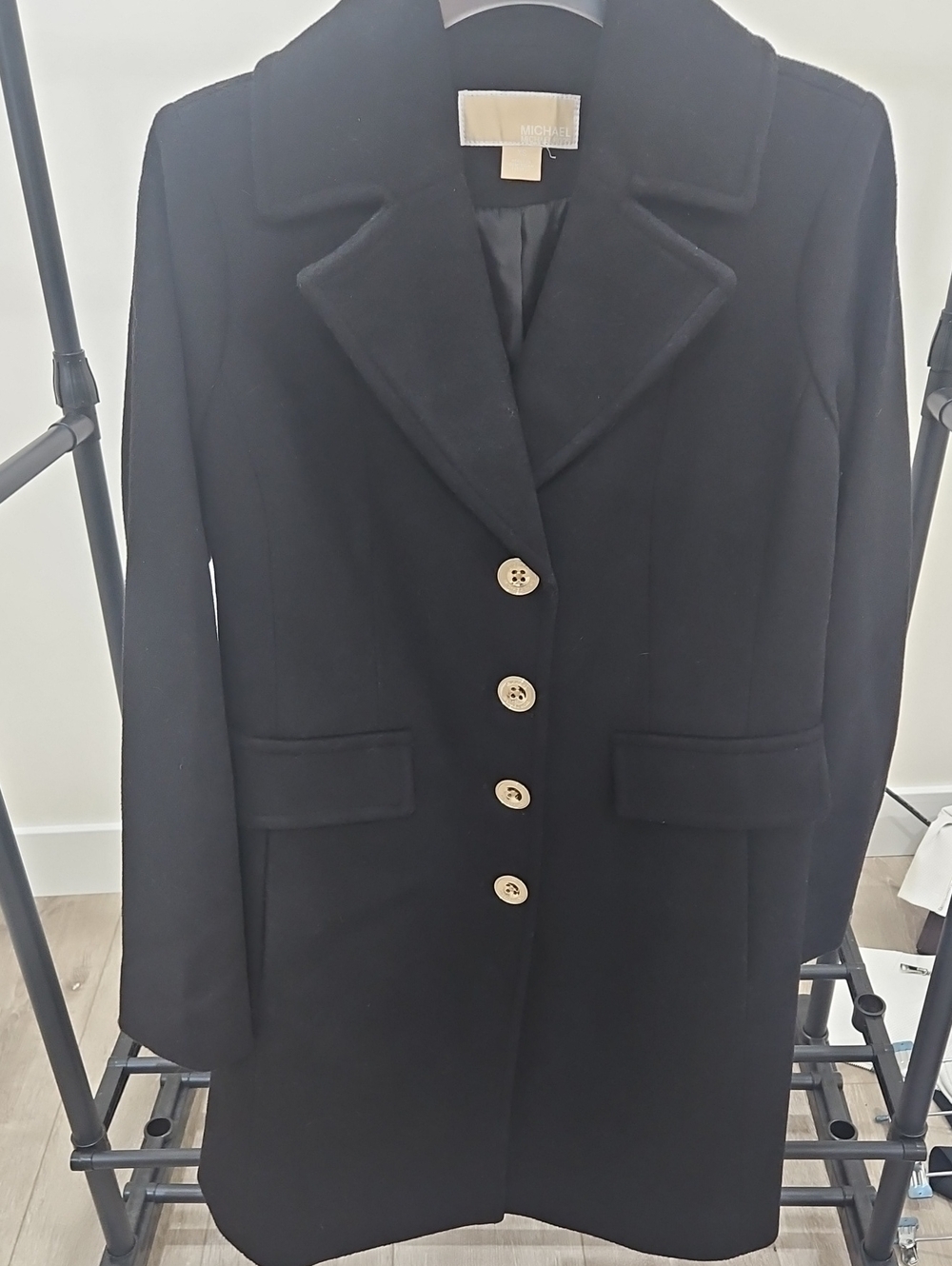 Michael Kors Black Single-Breasted Pea Coat with Notch Collar